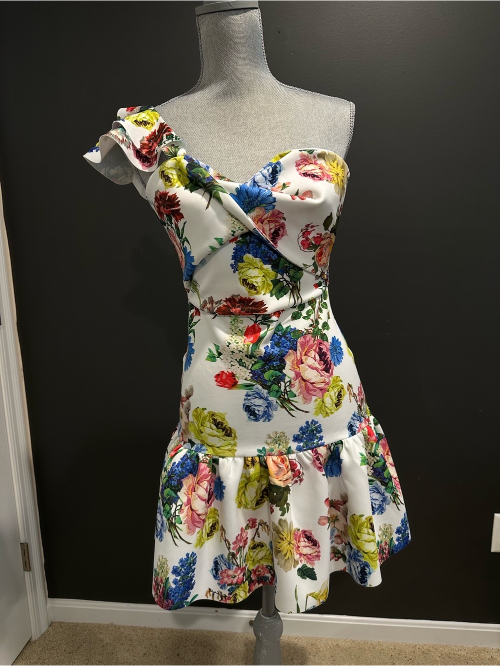 ASOS White One-Shoulder Floral Fit & Flare Dress
